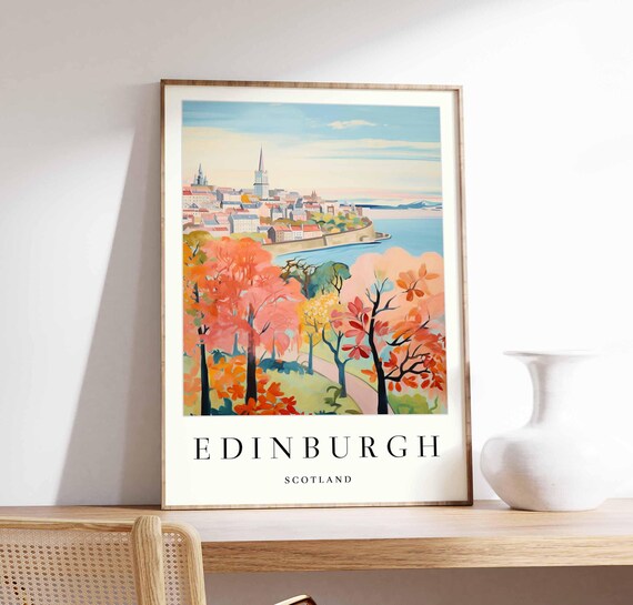 Edinburgh Seaside City View Autumn Trees Water Travel Art Poster