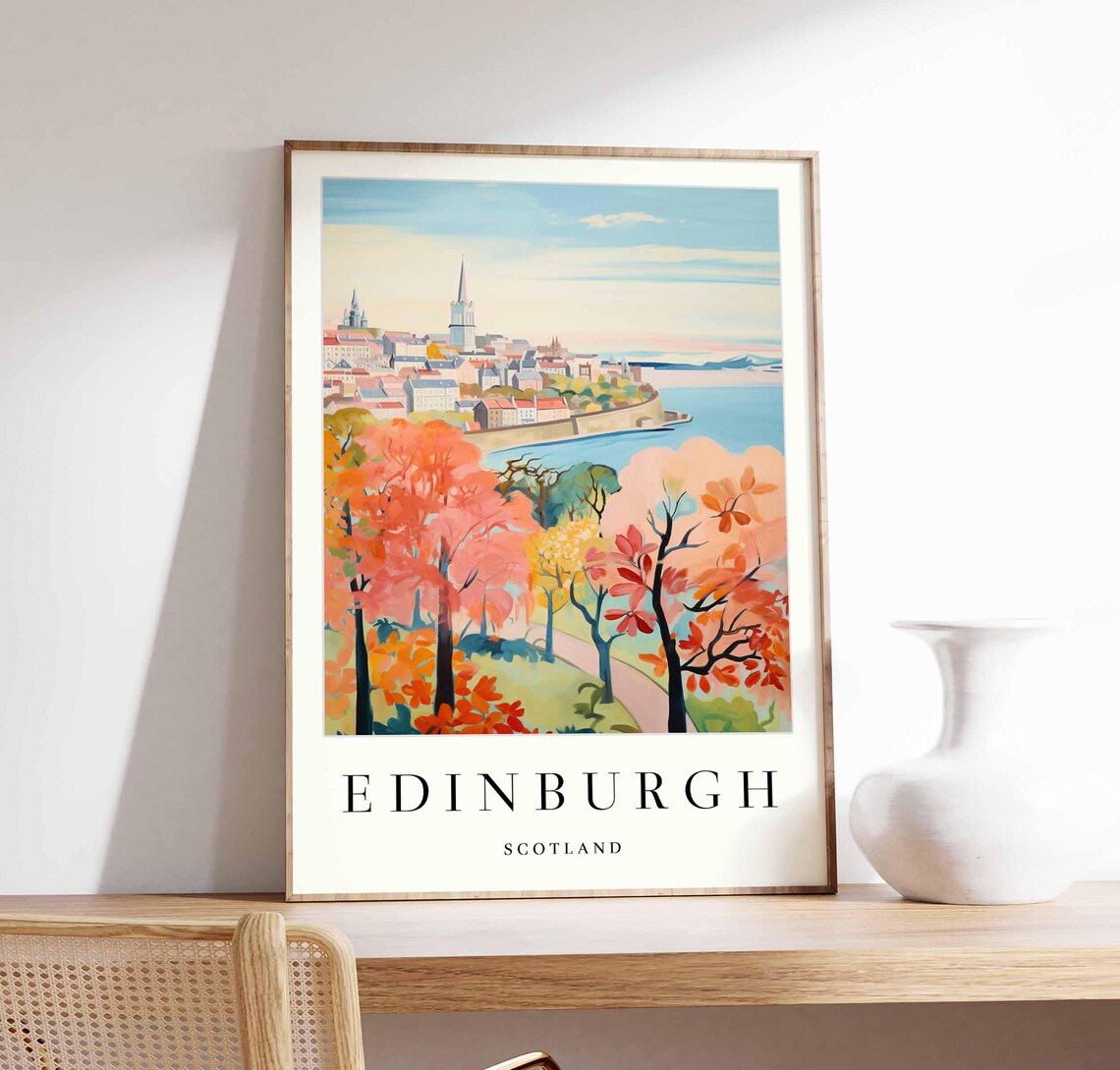 Edinburgh Seaside City View Autumn Trees Water Travel Art Poster