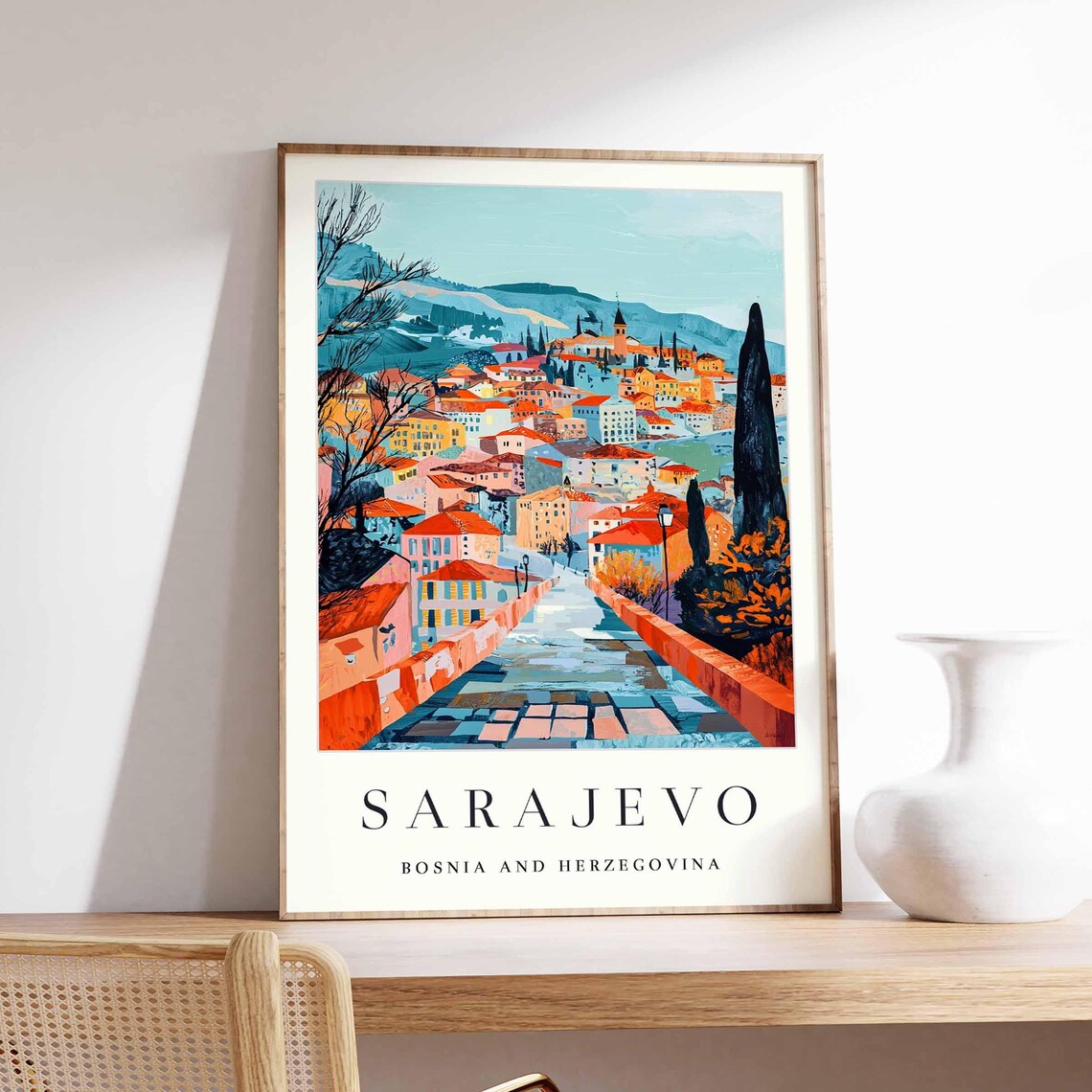 Sarajevo Bosnia Cobbled Street Orange Roofs Vintage Travel Poster Art
