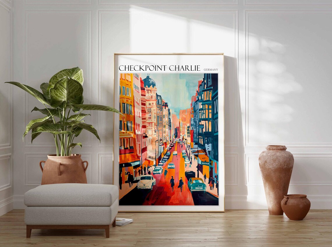 Checkpoint Charlie Germany Berlin Vintage Street Scene Painting Poster - Image 2