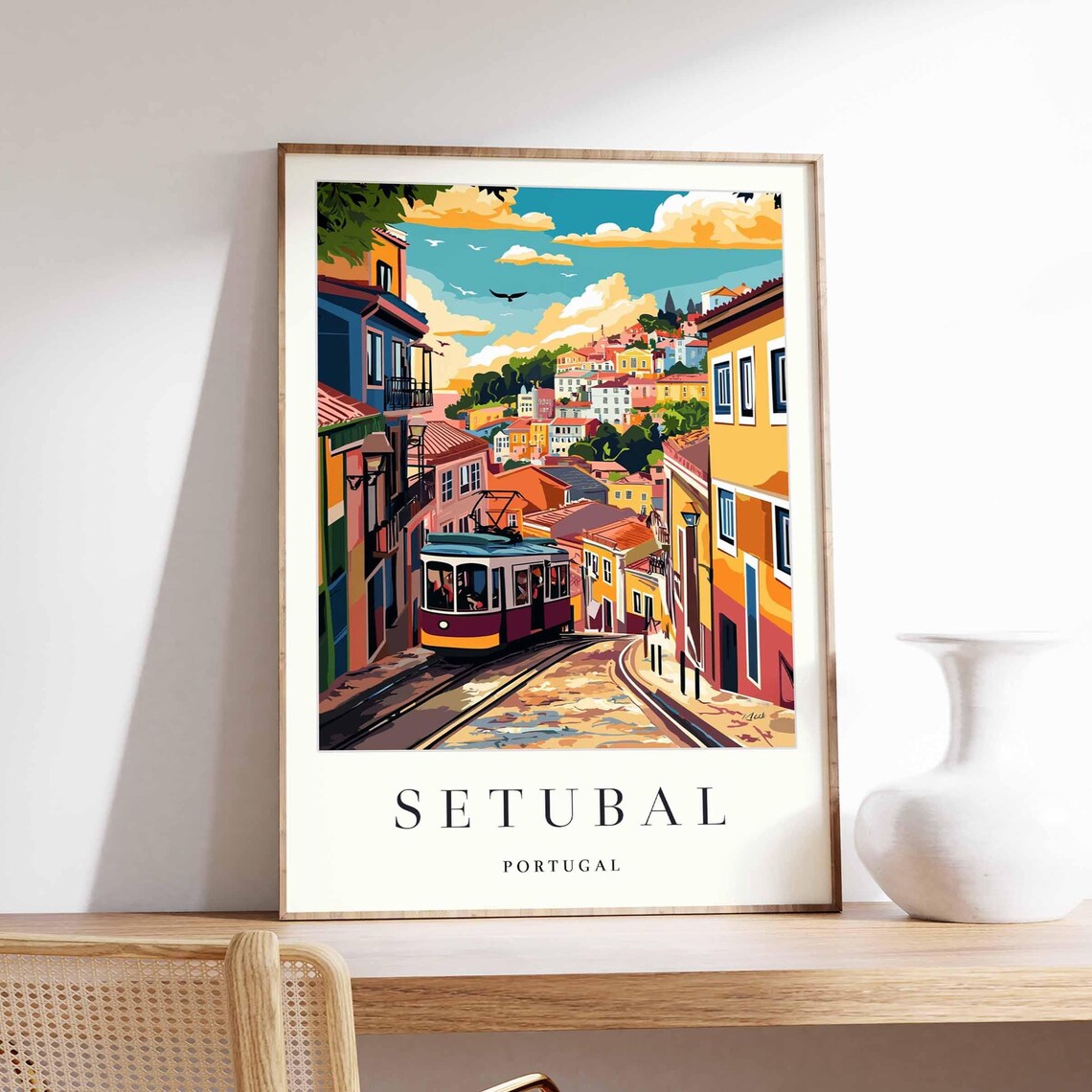 Setubal Portugal Vintage Tram Climbing Hill Street Scene Poster