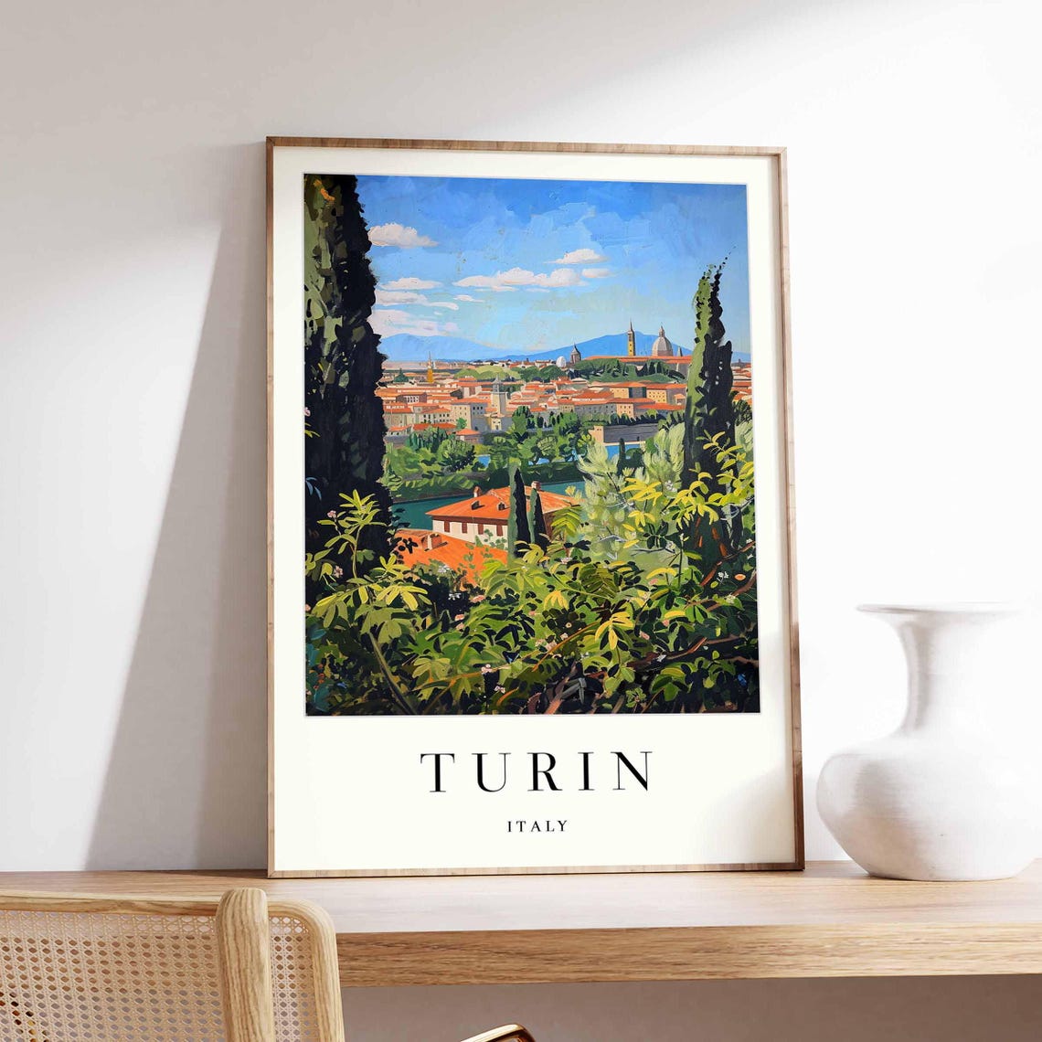 Turin Italy Garden Hill View Poster with Cypresses and City Below Art