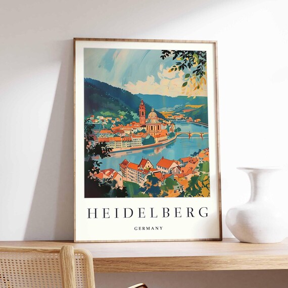 Heidelberg Germany Castle Riverside Vintage Travel Art Poster