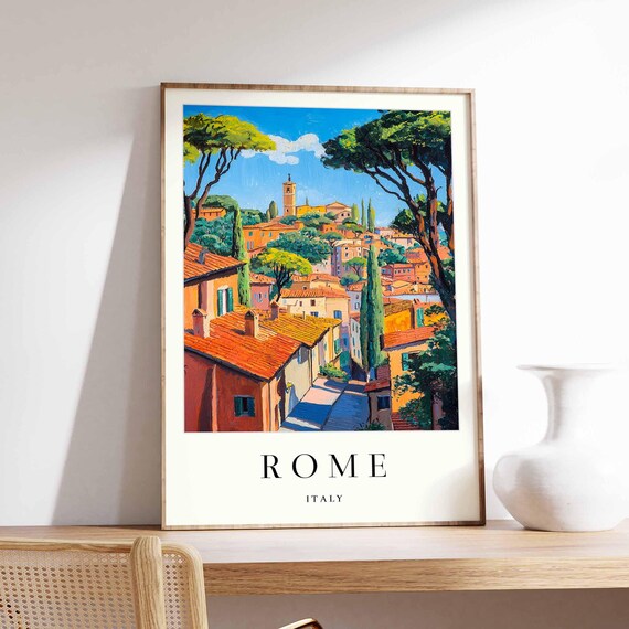 Rome Italy Umbrella Pines Framing Rooftop Bell Tower Travel Poster