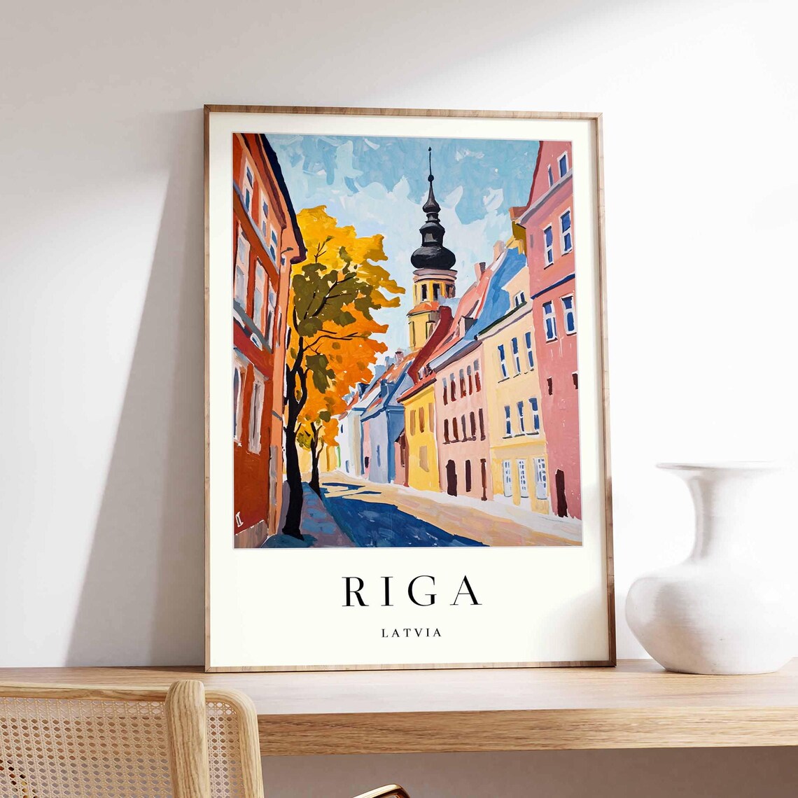 Riga Latvia Old Town Autumn Street Baroque Church Spire Art Poster