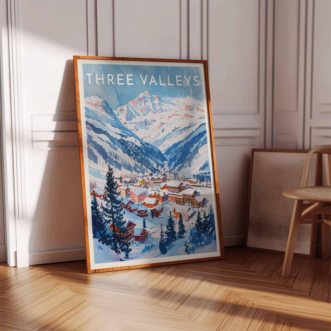 Three Valleys Red Chalet Village Framed by Dark Pines Poster - Image 3