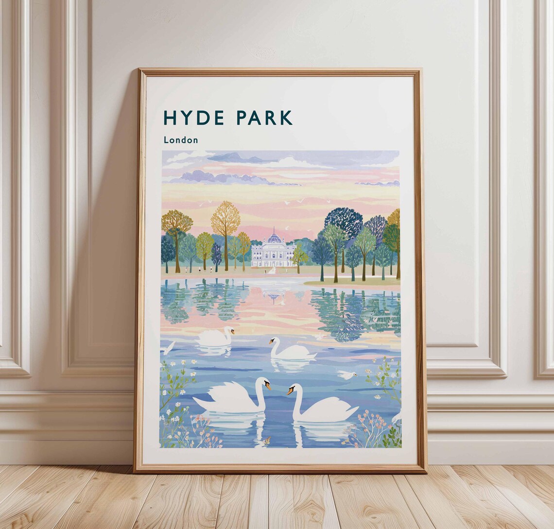 Hyde Park London Swans Lake Golden Sunset Painterly Travel Poster