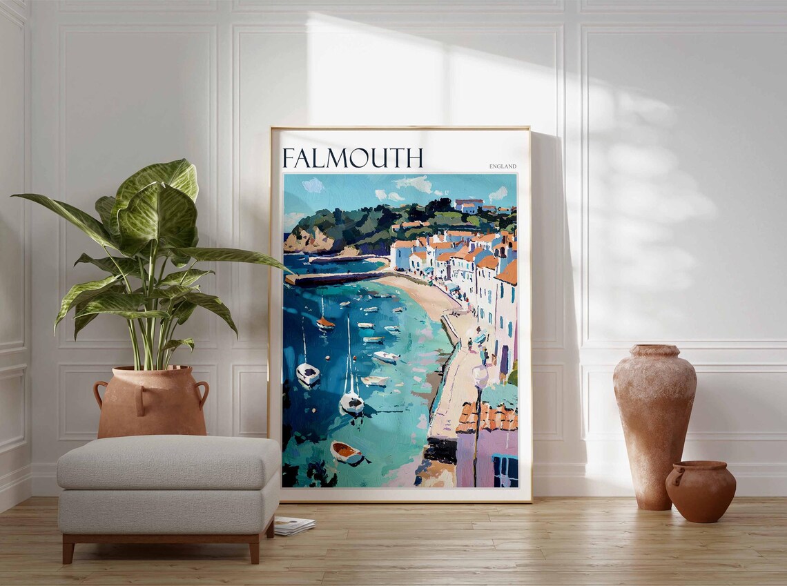 Falmouth England Curving Harbor Boats Beach Town Painting Poster - Image 3