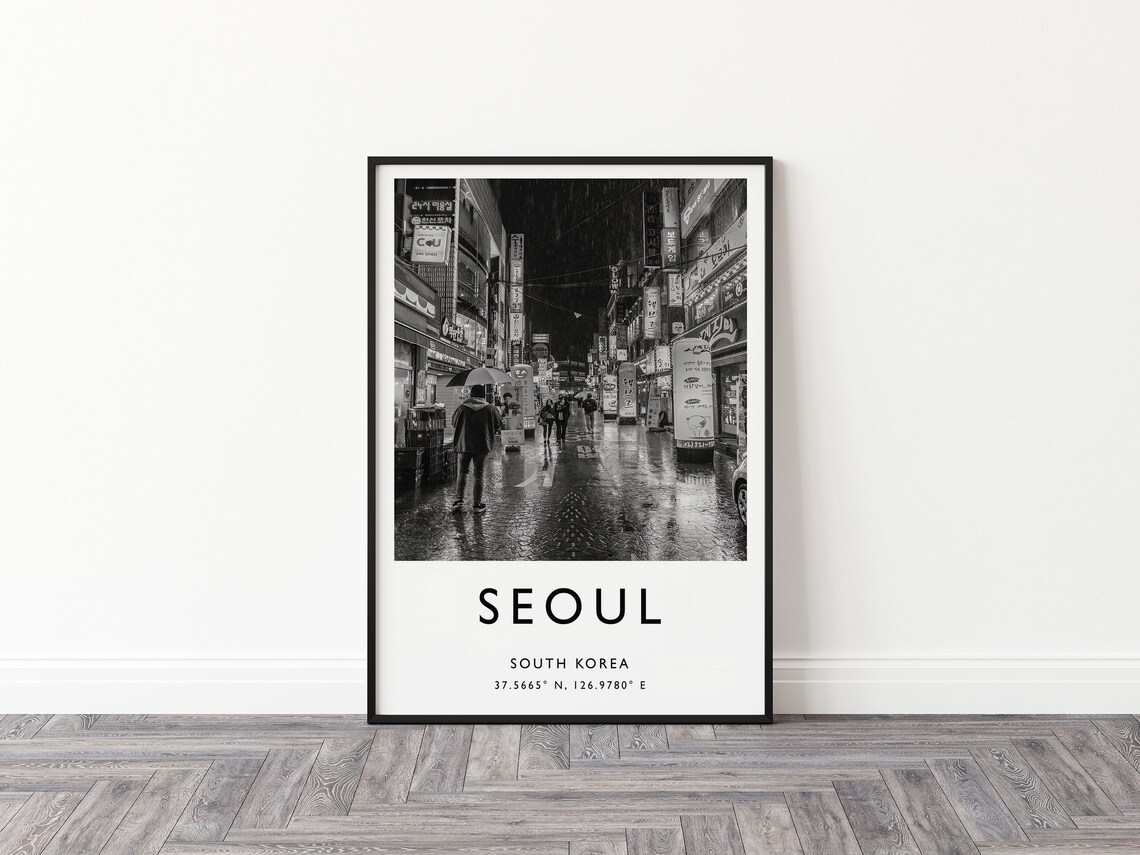 Seoul South Korea Rainy Night Neon Street Black White Photo Poster - Image 2