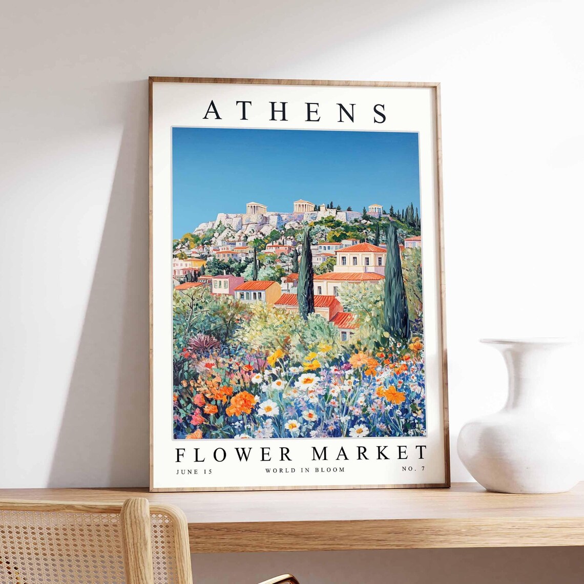 Athens Flower Market Acropolis Wildflower Meadow Blue Sky Poster