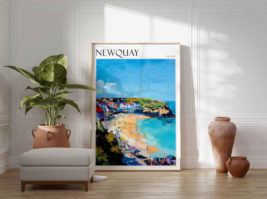 Newquay England Colorful Beach Headland Town Umbrellas Poster - Image 3