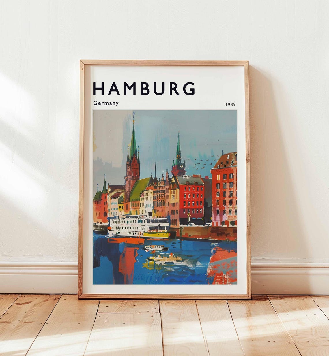 Hamburg Germany 1989 Harbor Boats Waterfront Cityscape Art Poster
