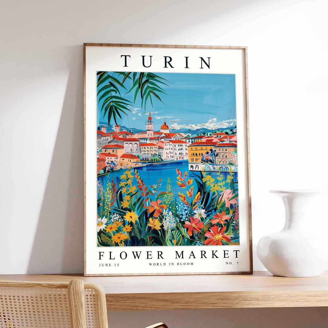 Turin Flower Market Riverside City Reds Flowers Summer Bloom Poster