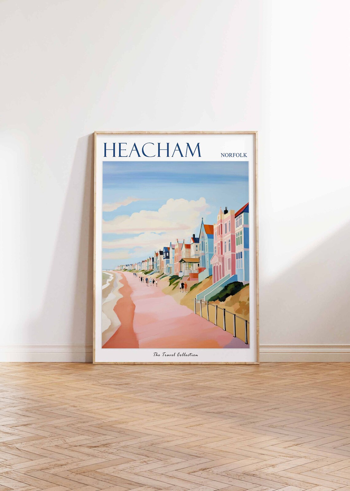 Heacham Norfolk Sunny Pastel Seafront Houses Long Pink Beach Poster - Image 2