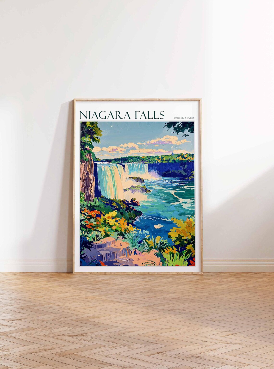 Niagara Falls Side View Lush Gardens Colorful Painting Poster - Image 2