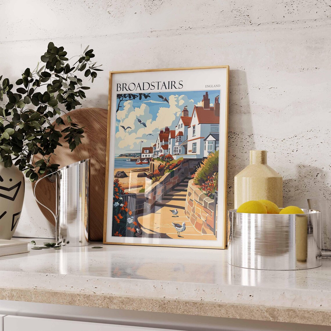 Broadstairs Kent Stone Steps to the Beach Seagulls Illustration Poster - Image 2