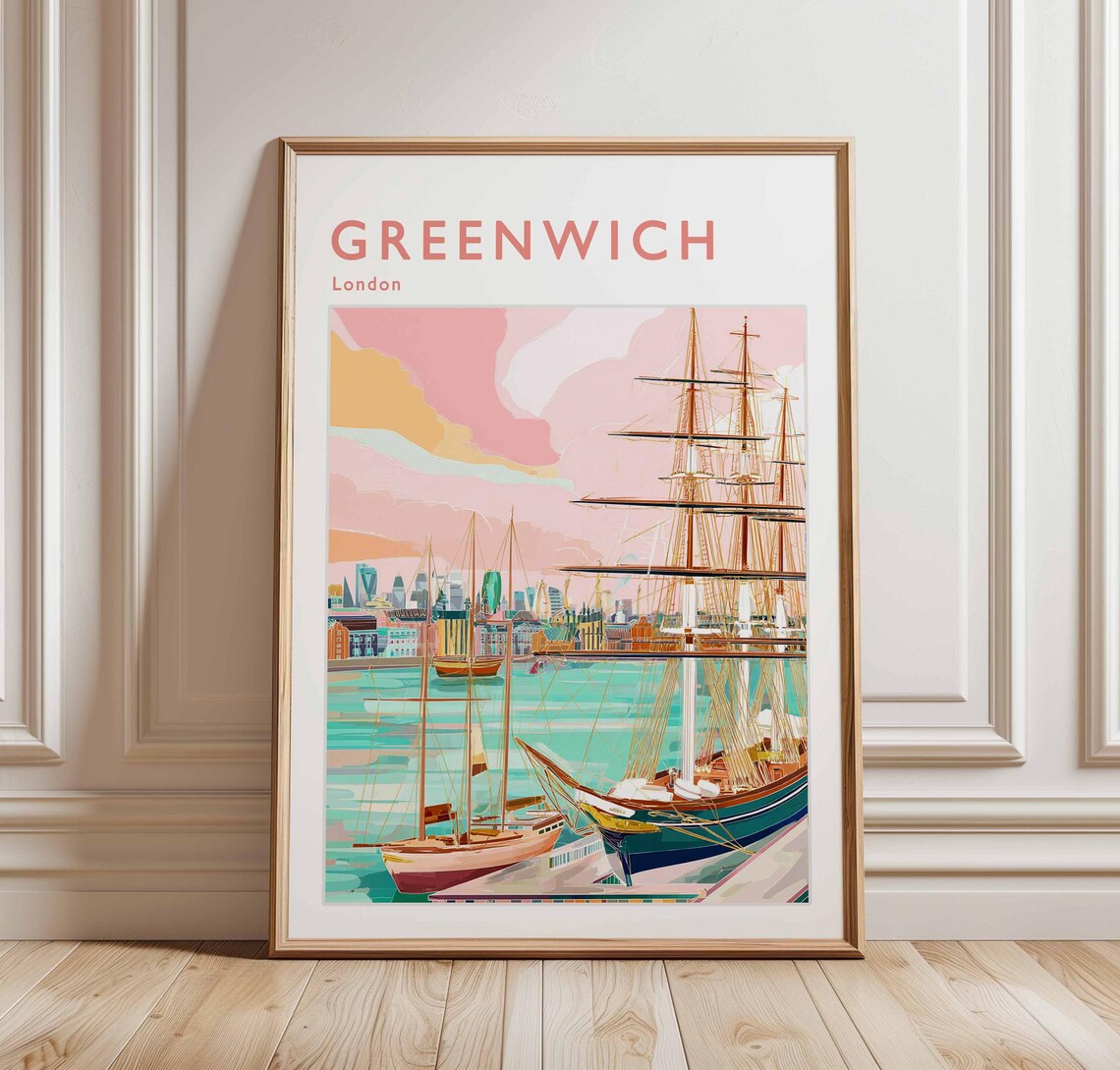 Greenwich London Cutty Sark Harbor Teal Water Illustration Poster