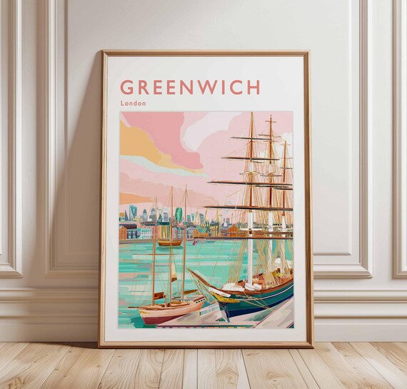 Greenwich London Cutty Sark Harbor Teal Water Illustration Poster