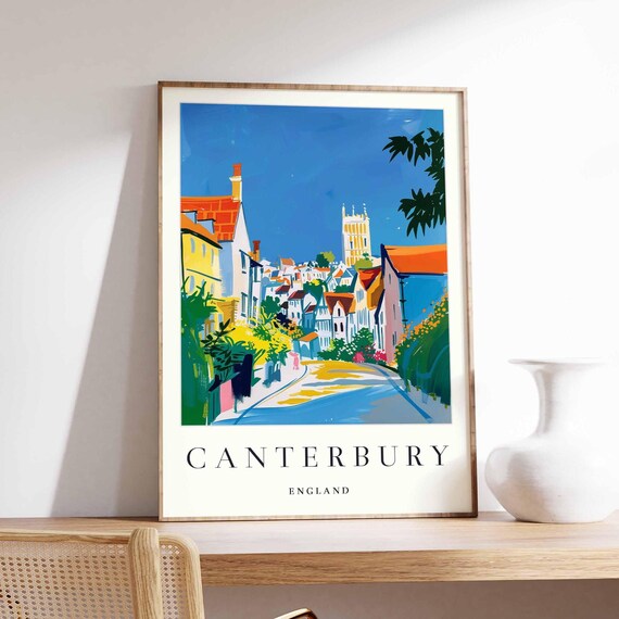 Canterbury England Colorful Street Art Poster Historic Cathedral Cityscape