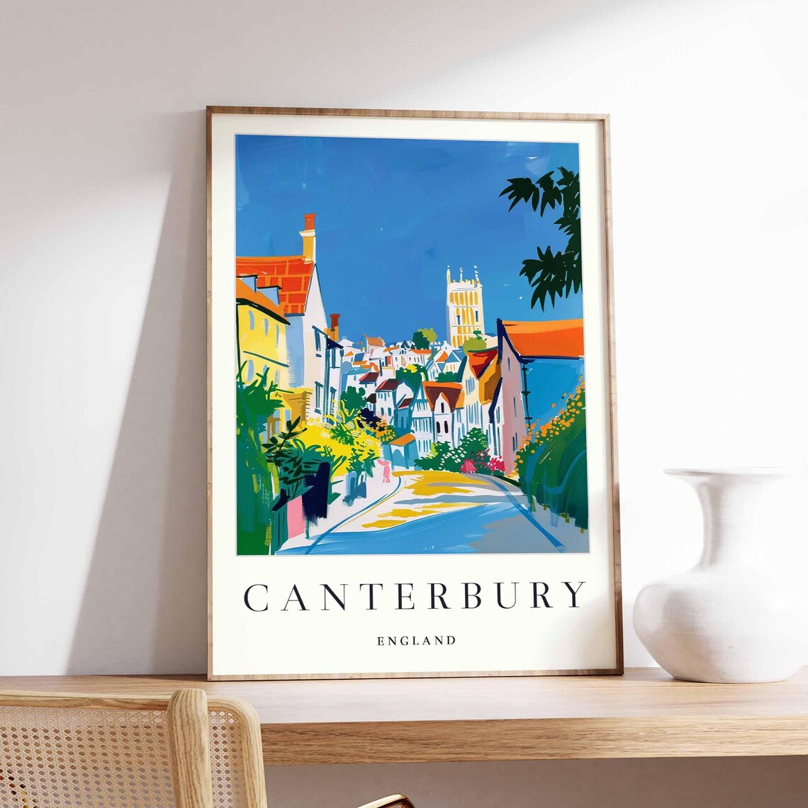 Canterbury England Colorful Street Art Poster Historic Cathedral Cityscape