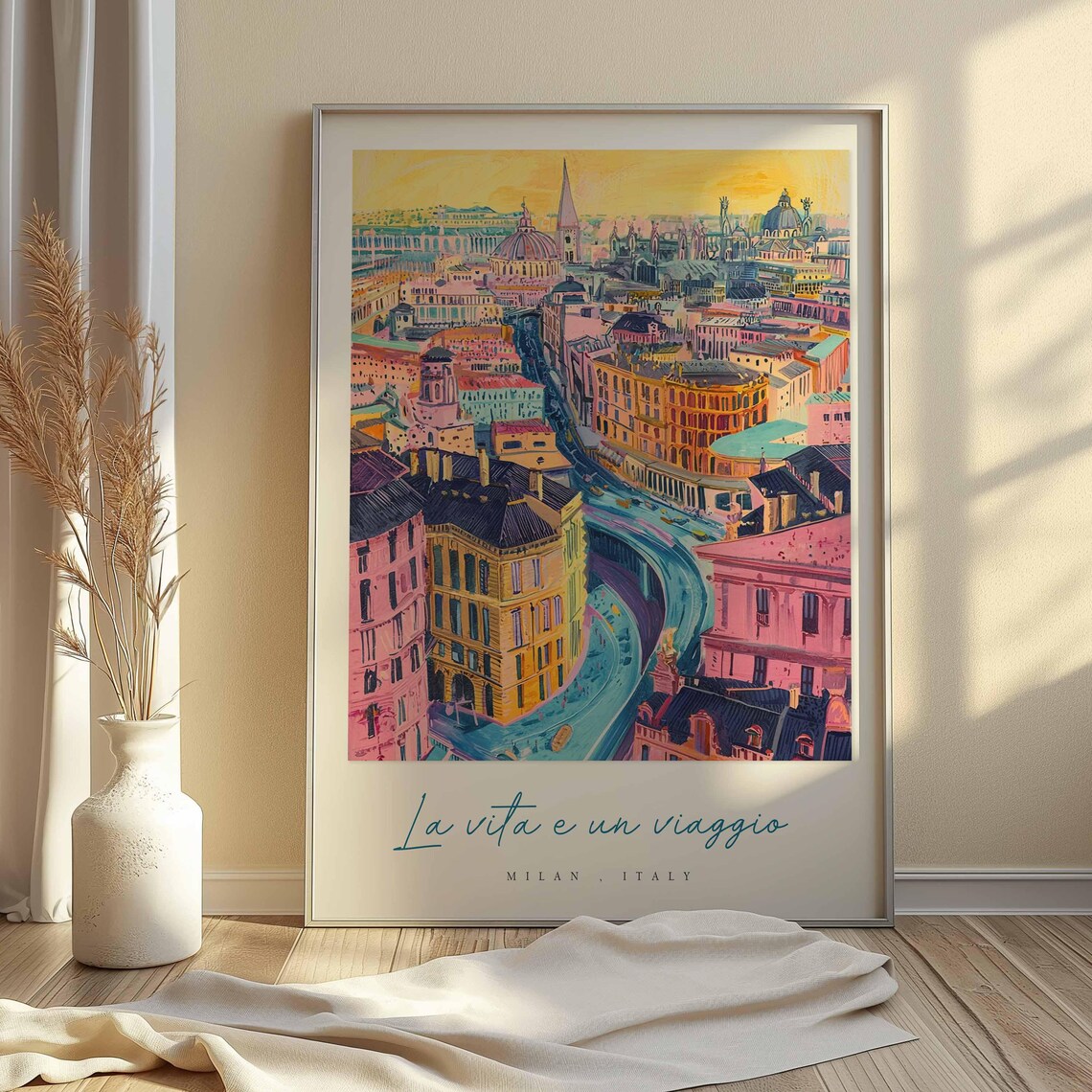 Milan Cityscape Sunset Aerial Colorful Modern Art Italy Travel Poster - Image 2