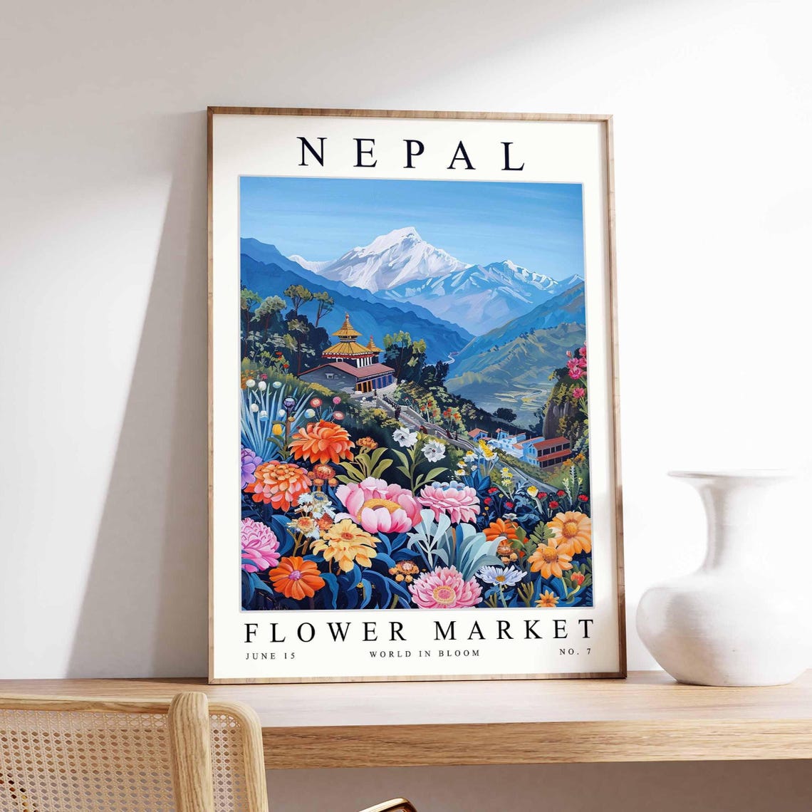 Nepal Flower Market Snowy Peaks Terraced Valley Bloom Poster