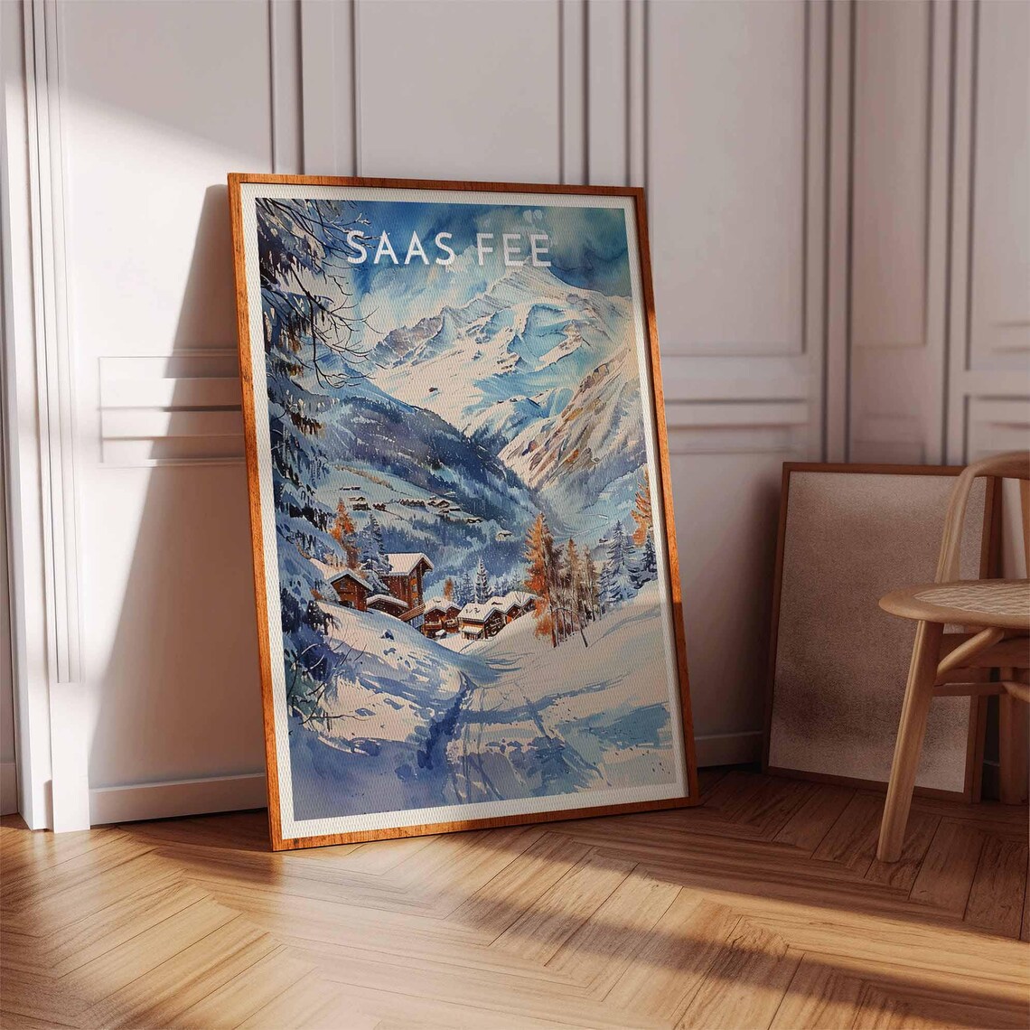 Saas Fee Switzerland Watercolor Chalets Slopes Under Glacier Peaks Poster - Image 3