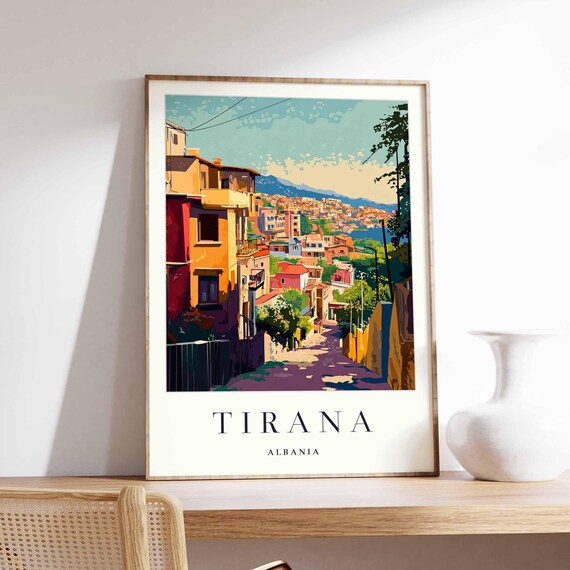 Tirana Albania Hillside Alley Colorful Buildings Distant Sea View Poster