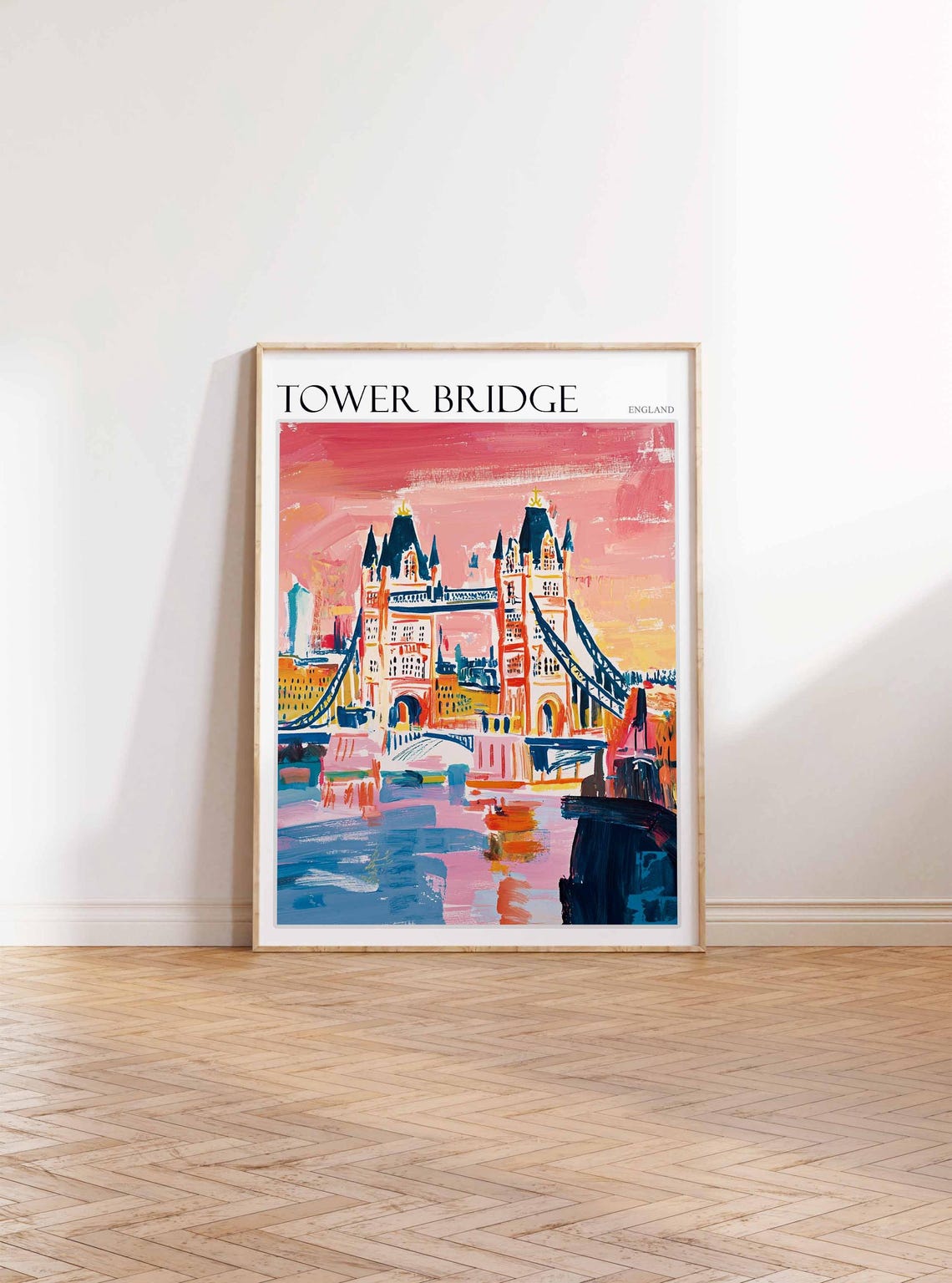 Tower Bridge Red Sky Sunset Thames Reflection Painted Art Poster - Image 2