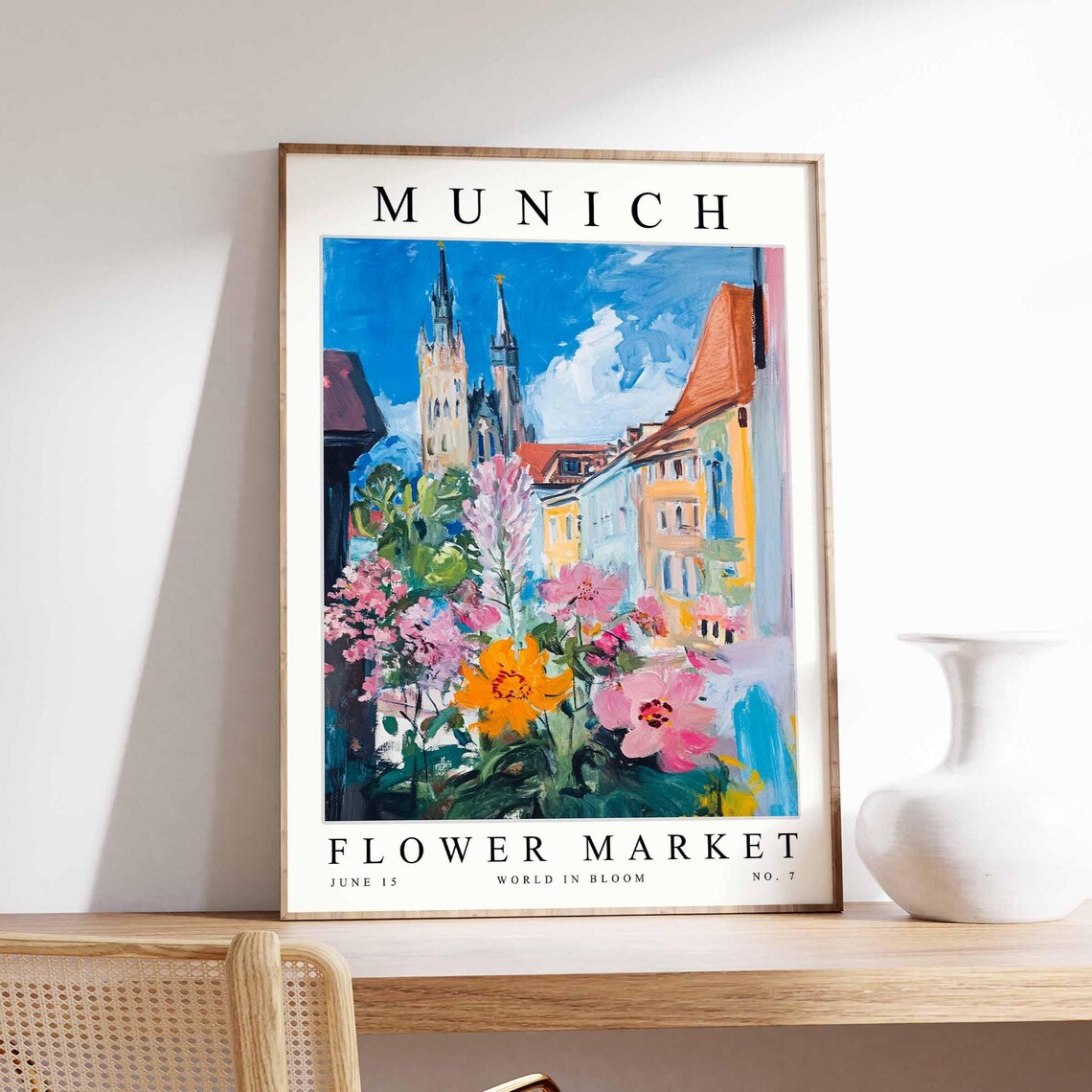 Munich Flower Market Gothic Spires Pink Blossoms Street Poster
