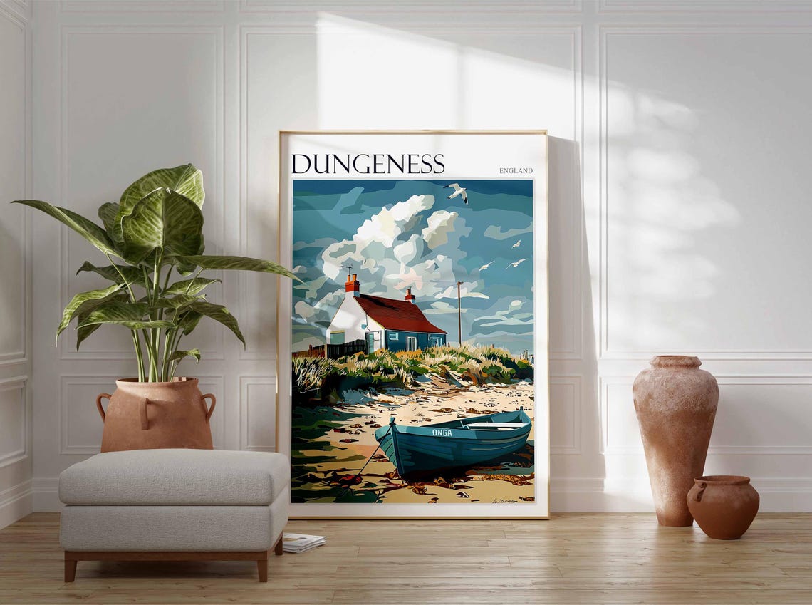 Dungeness England Painterly Beach Cottage and Blue Rowboat Poster - Image 3