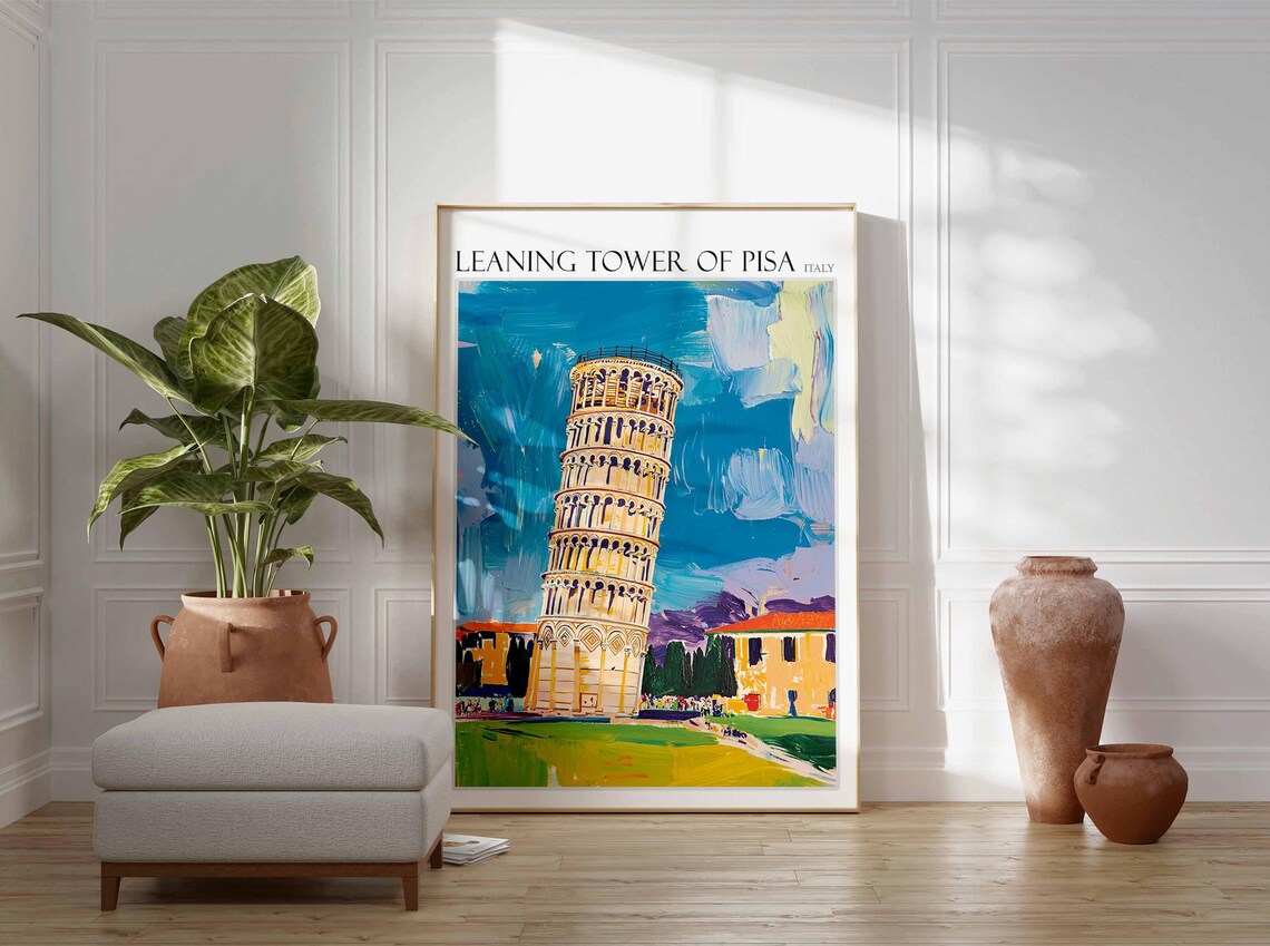 Leaning Tower of Pisa Italy Impasto Blue Sky Green Lawn Art Poster - Image 2