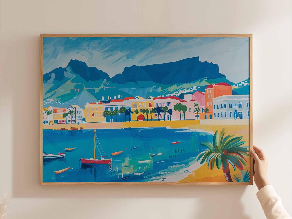 Cape Town Waterfront Pastel Houses Sailboats Mountain Art Poster