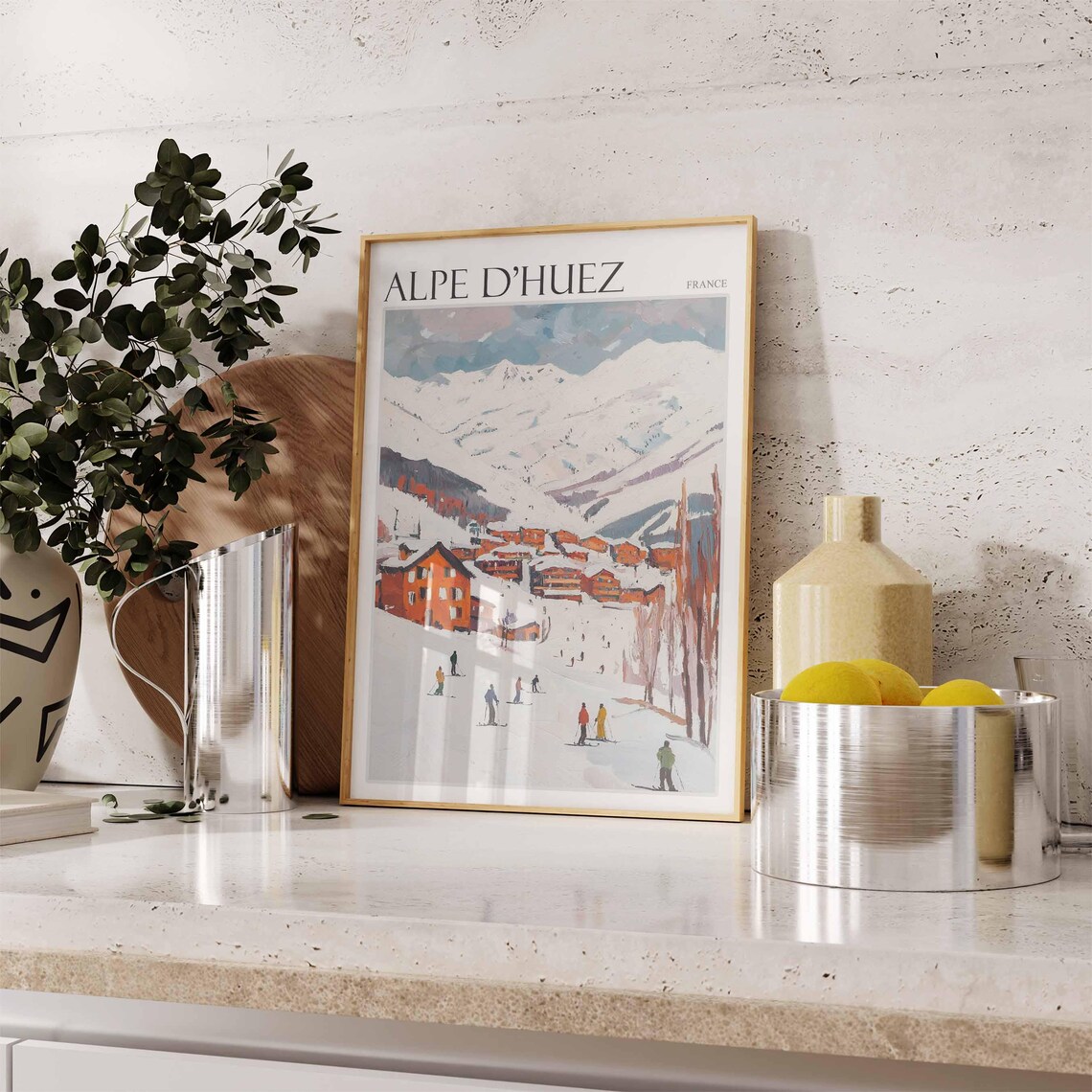 Alpe DHuez France Skiers Gliding Past Orange Chalets Snow Poster - Image 2