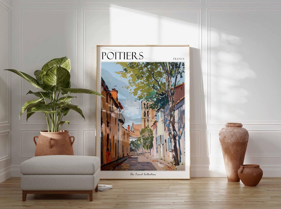 Poitiers France Quiet Old Street With Stone Church Tower Poster - Image 3