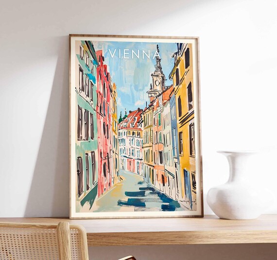 Vienna Street Austria Colorful Old Town Church Tower Art Travel Poster