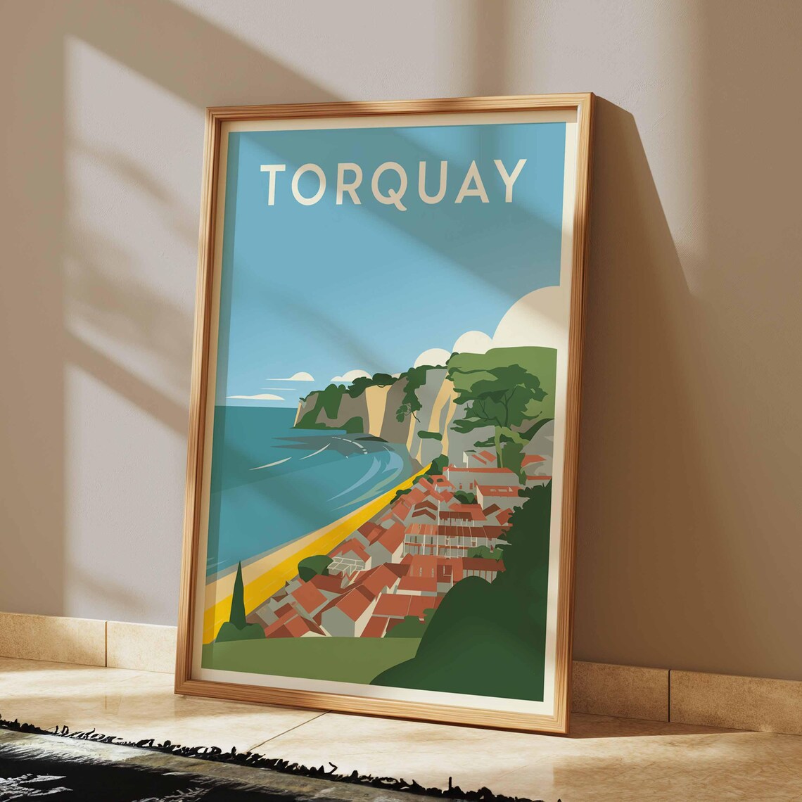 Torquay Beach and Red Roof Town Retro Coastal Travel Art Poster - Image 2