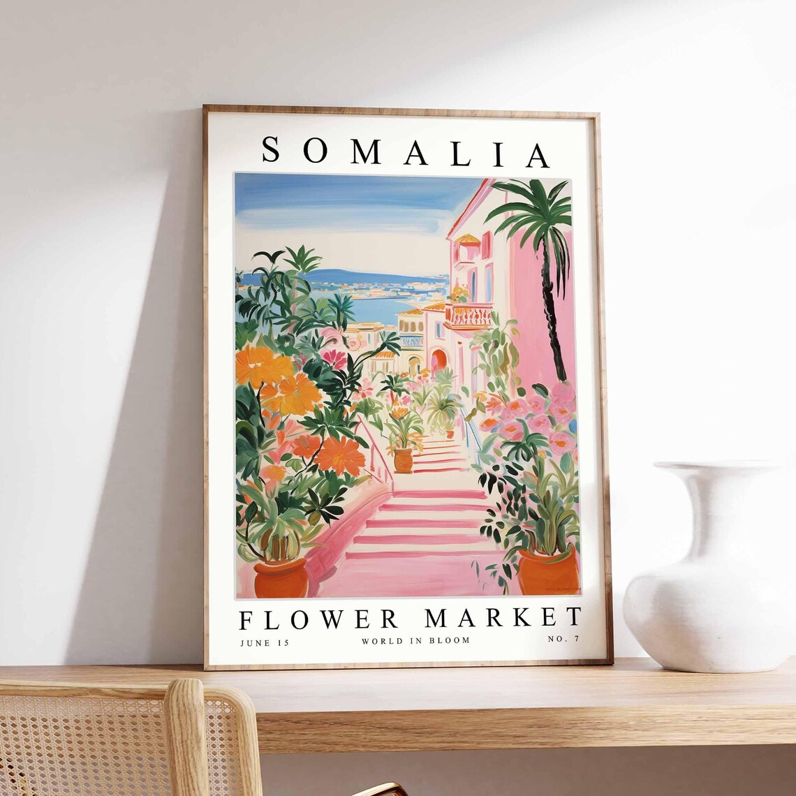 Somalia Flower Market Pink Stair Street Potted Bloom Art Poster