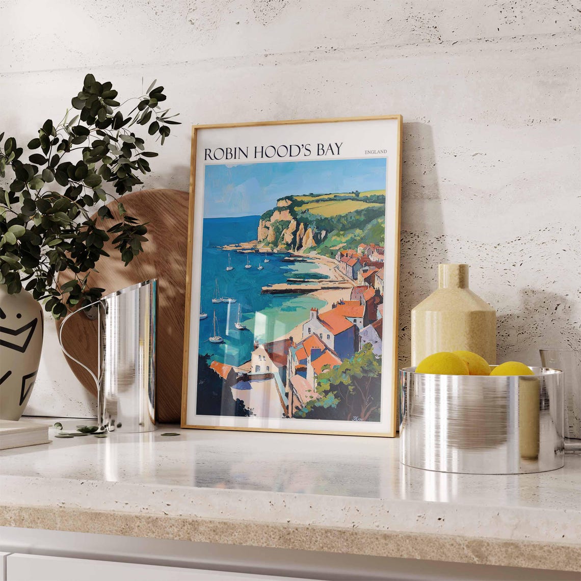 Robin Hood's Bay England Anchored Sailboats Rocky Cliffs Poster - Image 3