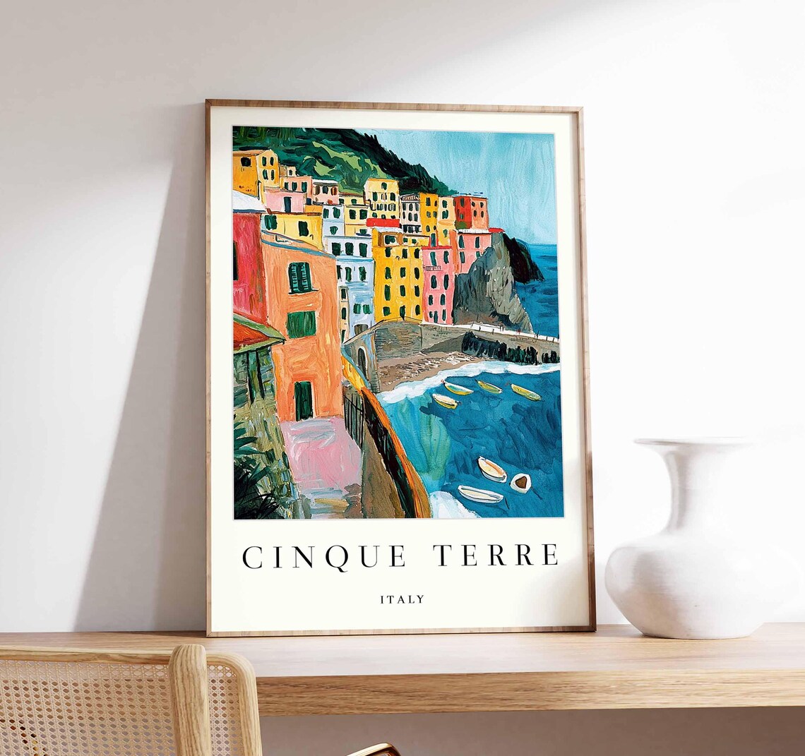 Cinque Terre Cliff Houses Colorful Boats Blue Water Travel Poster