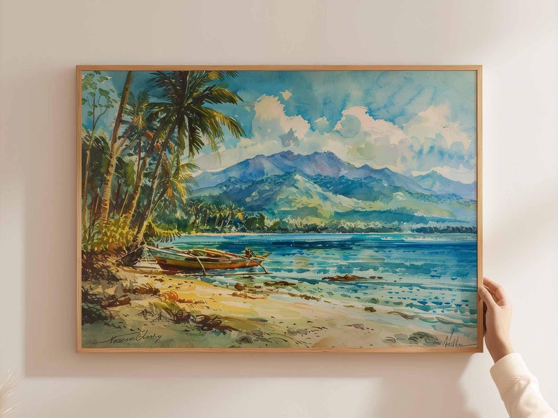 Cebu Watercolor Beach Fishing Boats Palms Mountain Scenic Art Poster