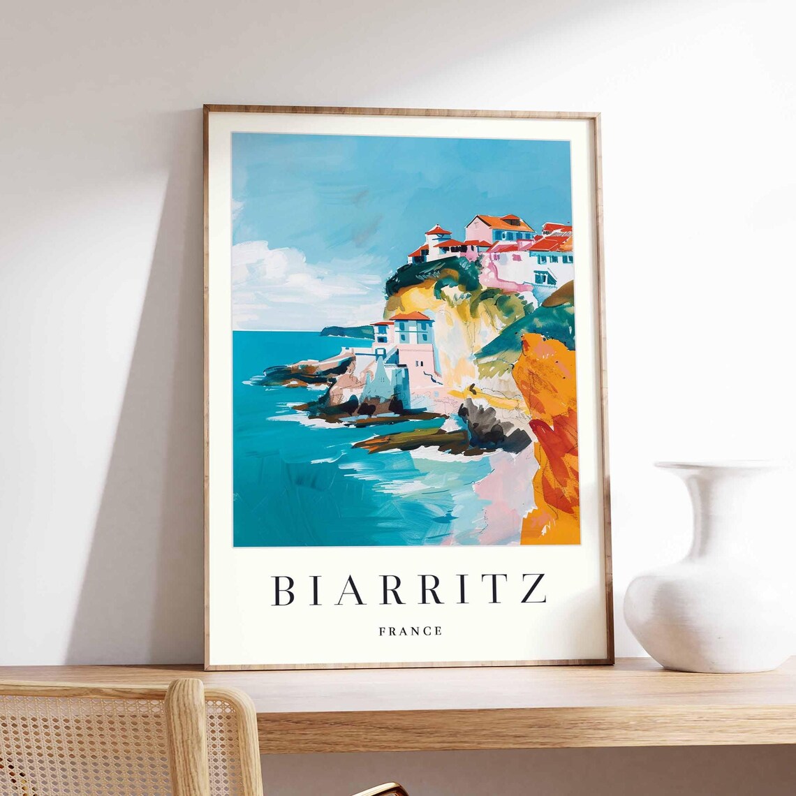 Biarritz France Coastal Travel Art Seaside Cliff Town Houses Print