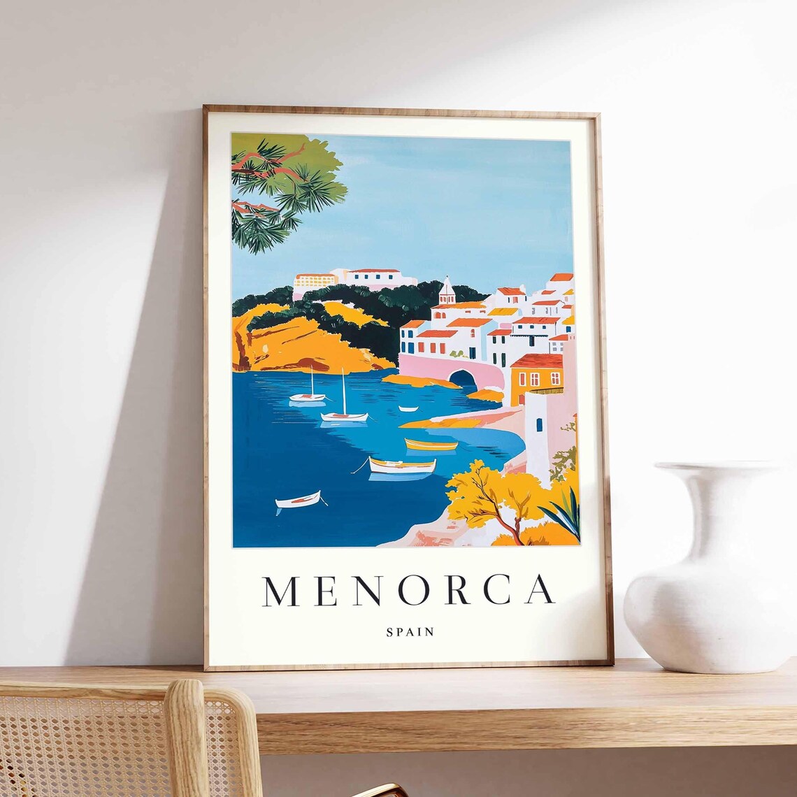Menorca Spain Colorful Bay Boats Pastel Houses Vivid Art Poster