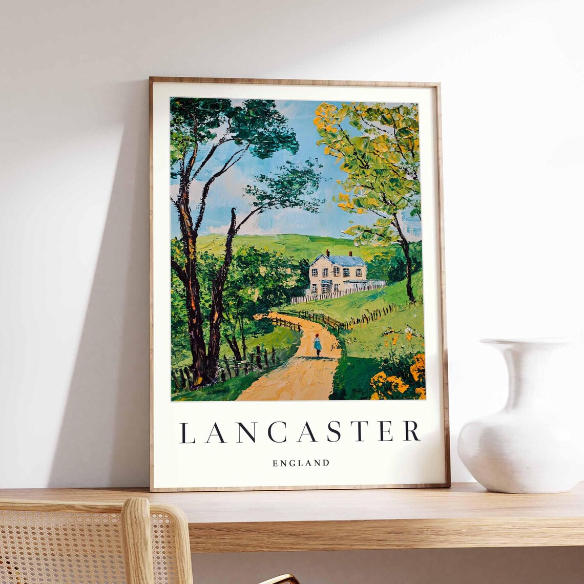 Lancaster England Countryside Lane Farmhouse Painterly Scenic Poster