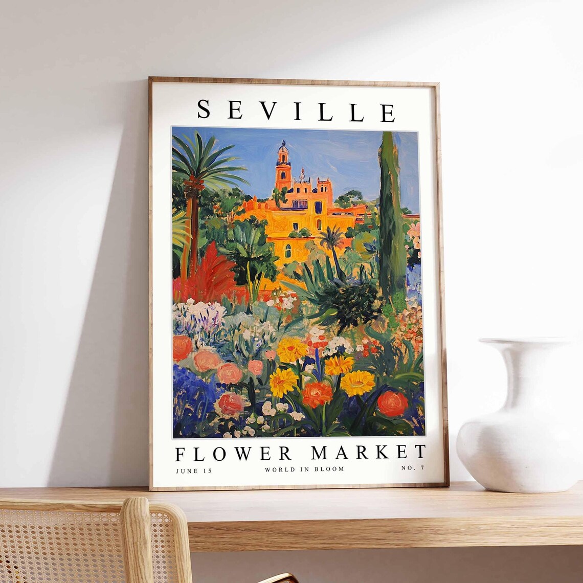 Seville Flower Market Poster Church Tower Wildflower Field Sun Artwork
