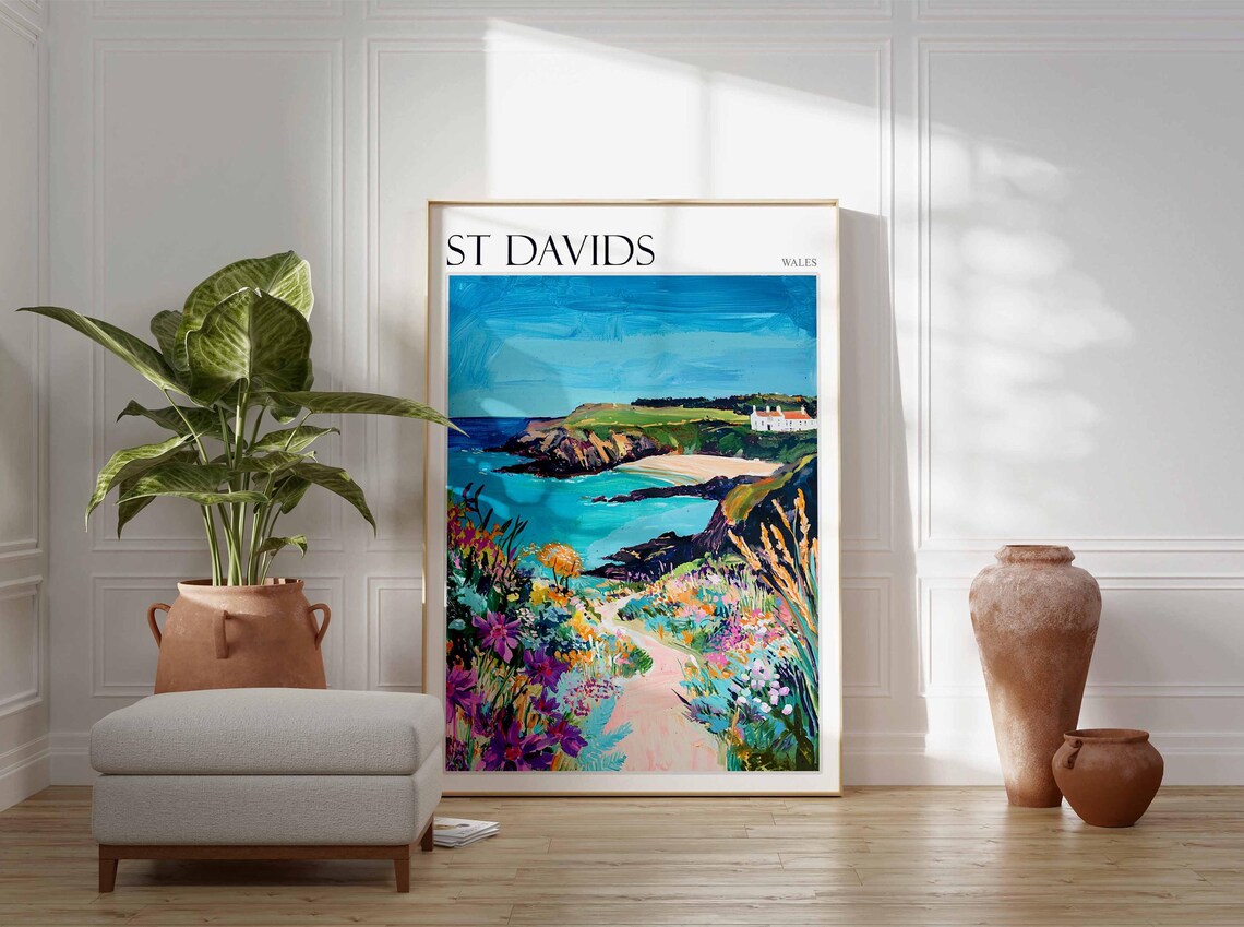 St Davids Wales Purple Wildflower Path to Turquoise Beach Poster - Image 2