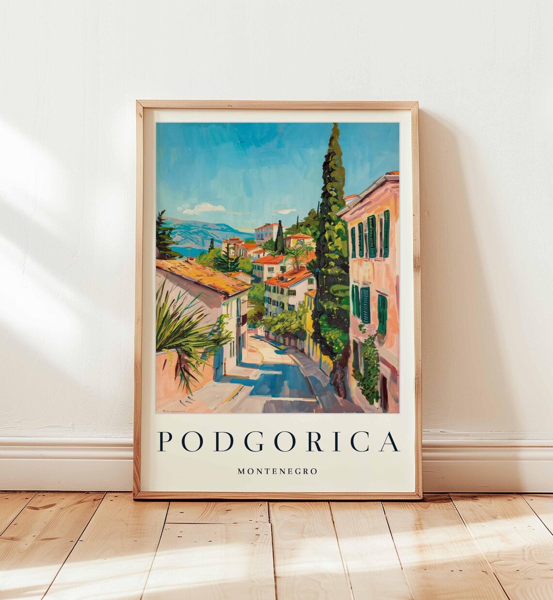 Podgorica Montenegro Sunlit Painted Street Houses Travel Poster