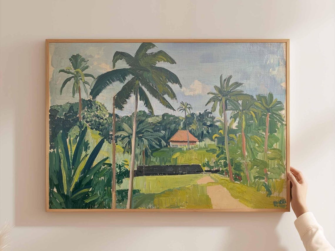 Cambodia Jungle Path Palm Trees Green Hut Tropical Painting Poster