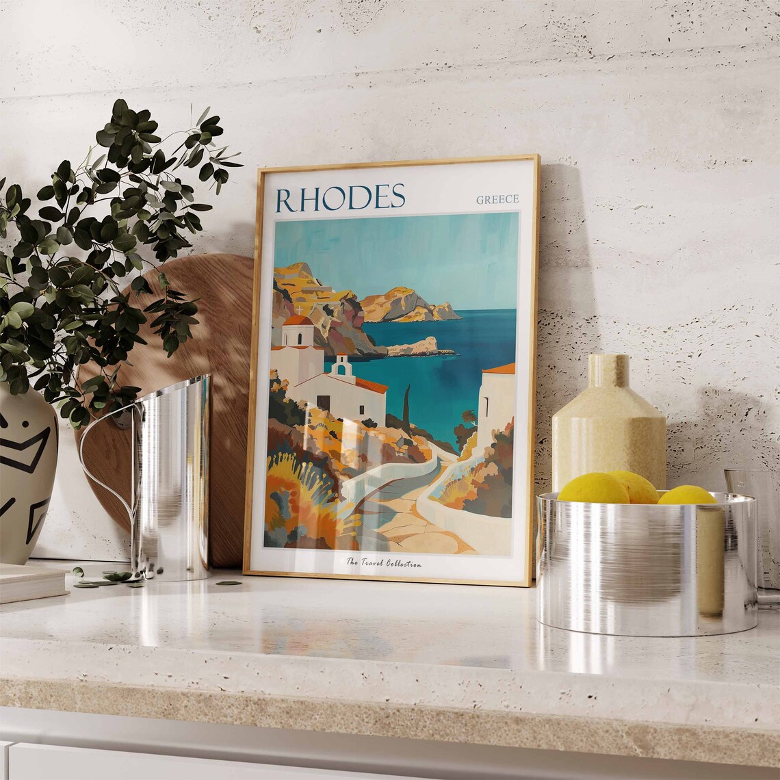 Rhodes Greece Coastal Chapel Painting Turquoise Bay Island Poster - Image 2