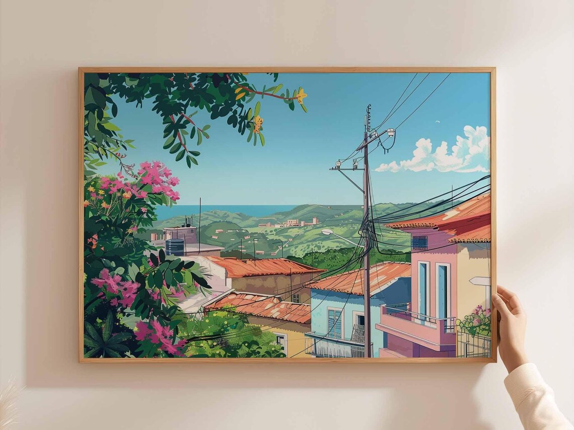 Colorful Hillside City Street With Red Roofs And Ocean View Poster